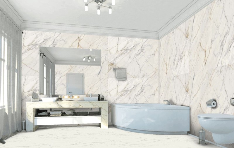 Płytki spiek kwarcowy wielkoformatowy marmur biały ze złotą żyłą Marazzi Grande Marble Look Golden White Matt M8AA 120x120 36922