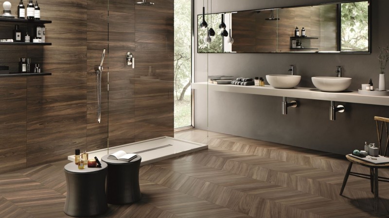 Francuska jodełka gres brąz drewno Emil Ceramiche Sleek Nut Chevron Nat. 11x54 57677