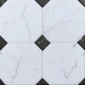 Betera Jet Blanco Rechteckig 58x58 Fliesen mit Oktagon-Motiv und marmoriertem Muster