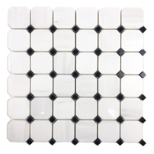 Marmormosaik Weiß Oktagonal Glacier White - Black Silk poliert 33,5x33,5x1 cm