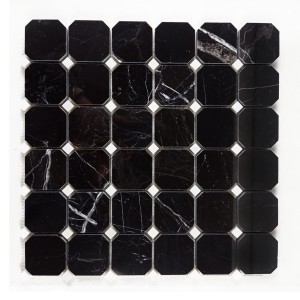Mosaikmarmor Octagon Schwarz Silki - Gletscherweiß poliert 30,5x30,5x1 cm