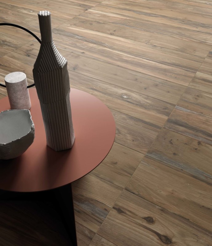 Płytka podłogowa rustykalna sęki drewno brąz beż szara salon ABK Nest Oak Rett PF60002733 20x170 86978