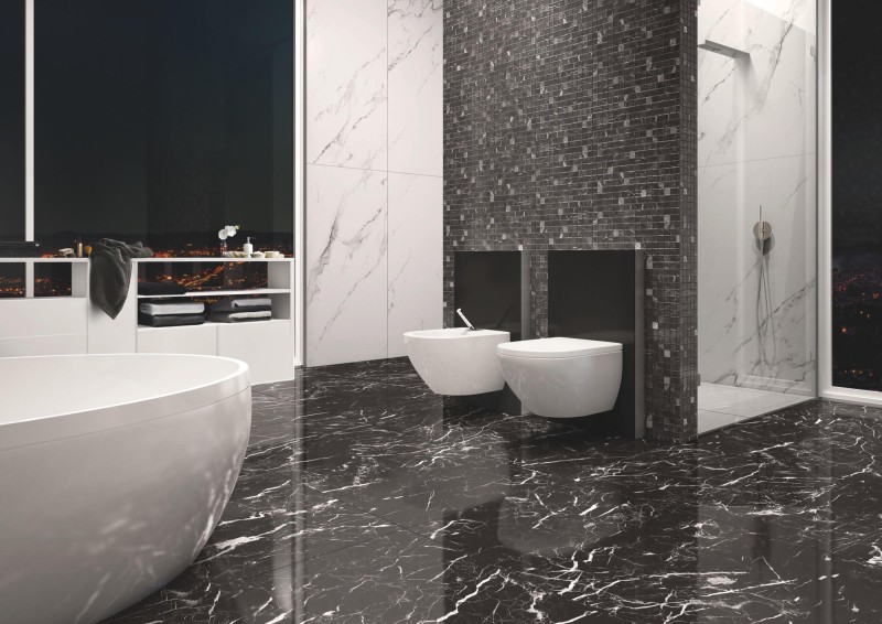 Mozaika imitujące marmur szarna Casalgrande Padana Marmoker Mosaico Decorato Nero Creta Lucida 29,5x29,5 64213
