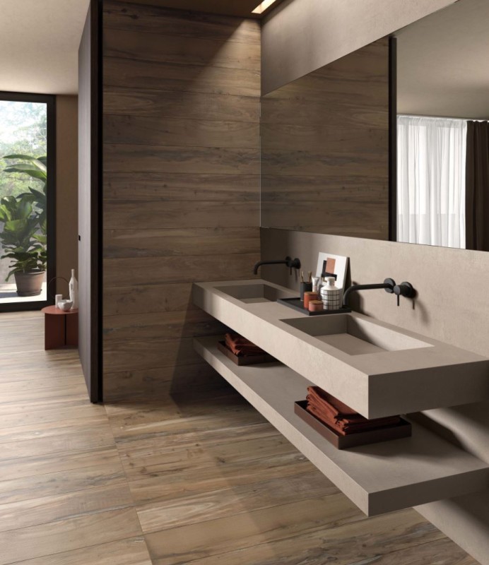 Płytka podłogowa rustykalna sęki drewno brąz beż szara salon ABK Nest Oak Rett PF60002733 20x170 86976
