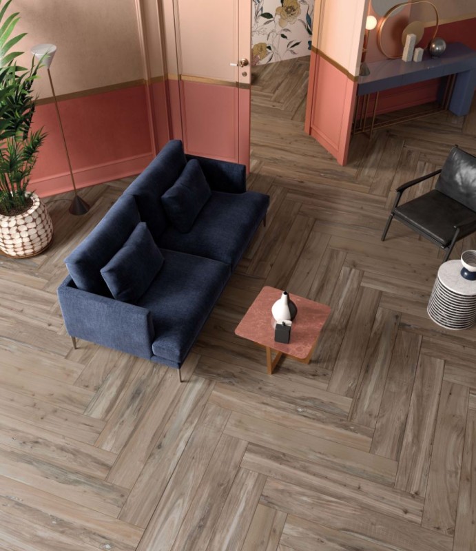 Płytka podłogowa rustykalna sęki drewno brąz beż szara salon ABK Nest Oak Rett PF60002733 20x170 86977