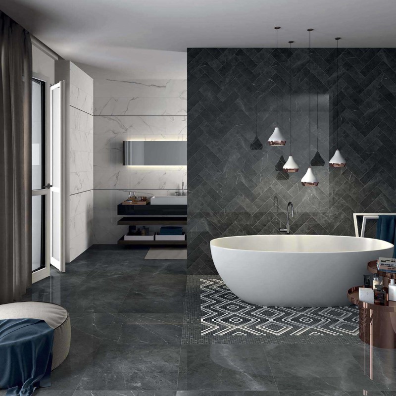 Płytki marmur grafitowy z cięka biała żyła Abk Sensi Pietra Grey Lux 30X120 hb 11144