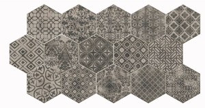 Marazzi Powder DECO MNDZ Hexagon Fliesen Grau, Patchwork Blumenmuster 21x18,2 cm