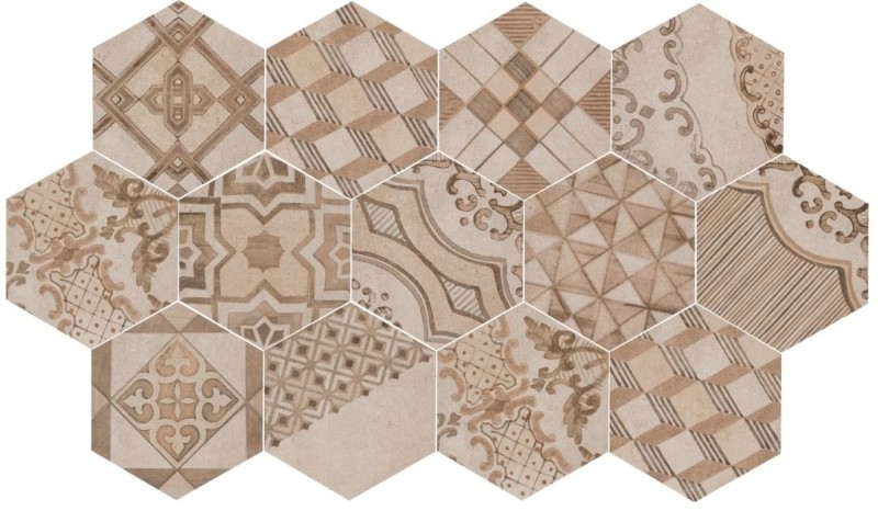Sześciokątne plytki wzorzystę brązowe patchwork Clays Decoro Earth,Sand,Shell 21x18,2 36252