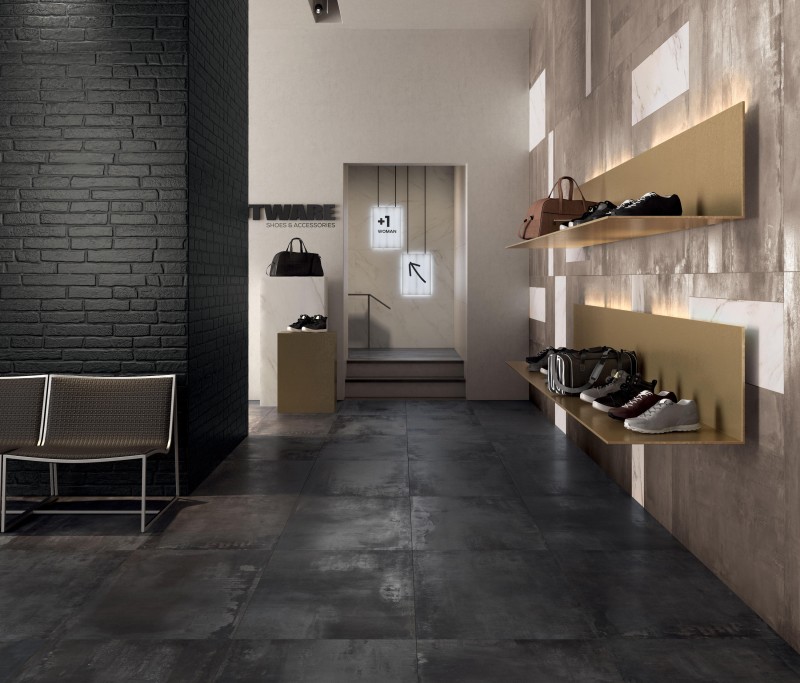 Gres podłogowy duży format cienkie grafitowe rdzawe wiełki format ABK Interno 9 Dark Rett 80x160 87843